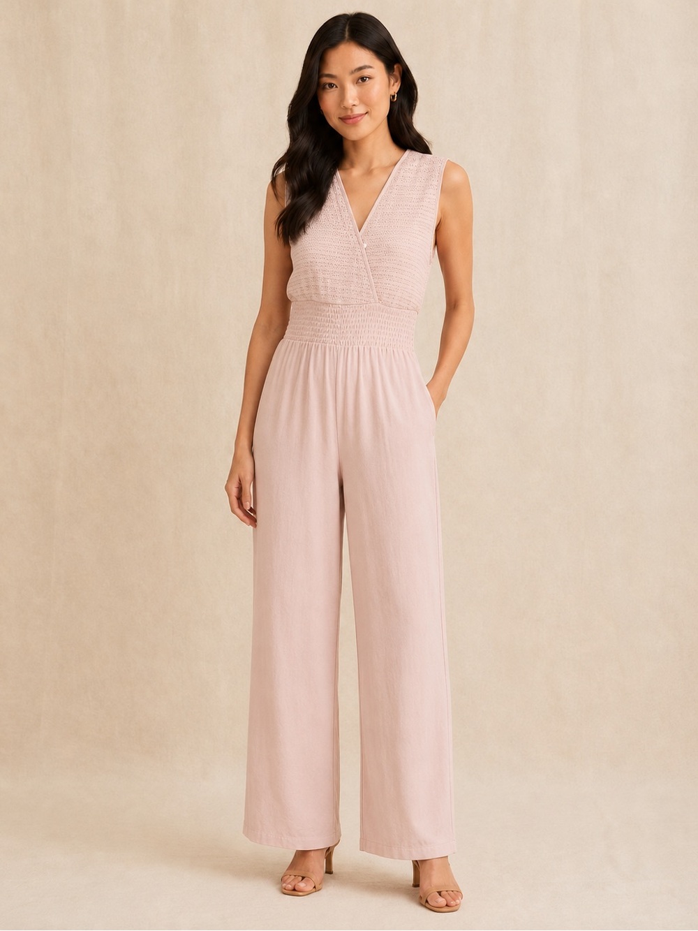 NWT Splendid Collection Blush Pointelle Smocked Wide-Leg Jumpsuit XS
